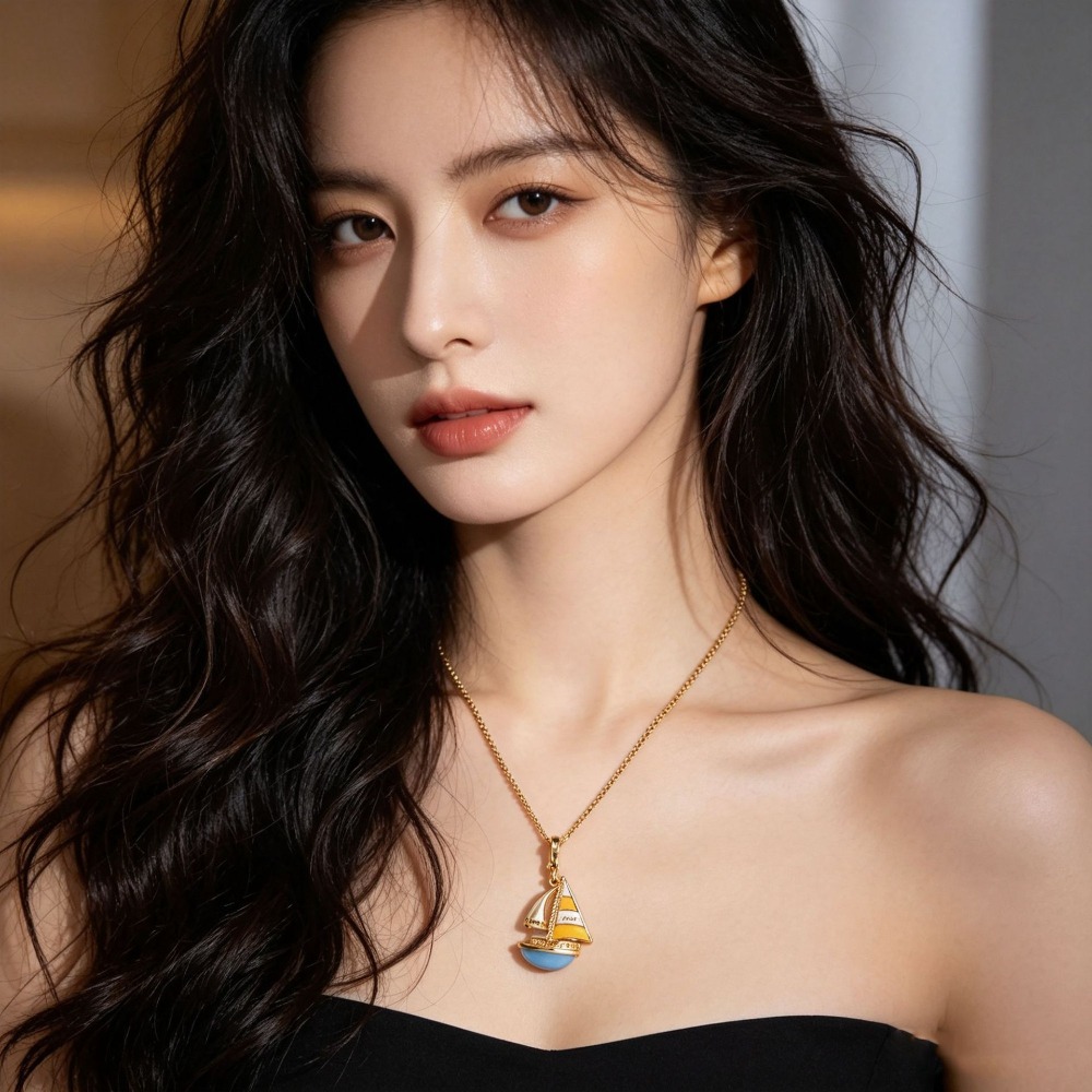 Elegant Enamel Glaze Blue Sail - Initial Letter Necklace 18K Gold 评论和价格
